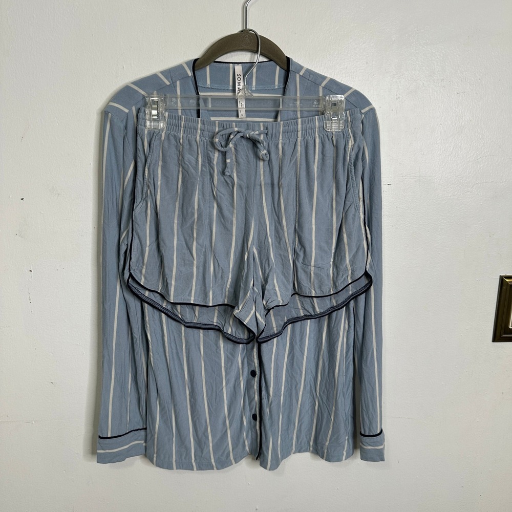 Soma Cool Nights Pajama‎ Set Blue White Stripe Button Down and Shorts S/XS READ